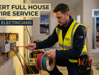 n Ideal Electricians contractor actively installing new electrical cables into an exposed brick wall during a full house rewire project in London. The image includes the text overlay "Expert Full House Rewire Service" and "Ideal Electricians."