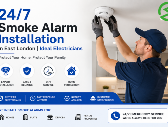24/7 Smoke Alarm Installation in East London | Ideal Electricians banner showing a professional electrician installing a ceiling smoke alarm inside a modern home for safe and reliable protection.